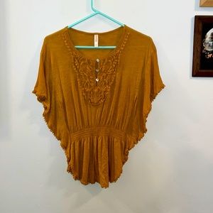 Women’s Short Sleeved Blouse, Orange, Lace, Asymmetrical, Elastic at Waist